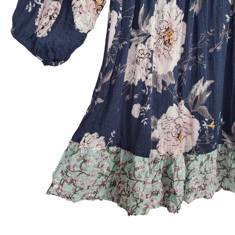 Umgee Size L Dress Blue CottageCore Floral Crinkle V-neck Ribbon Tie Puff Sleeve - Picture 5 of 9